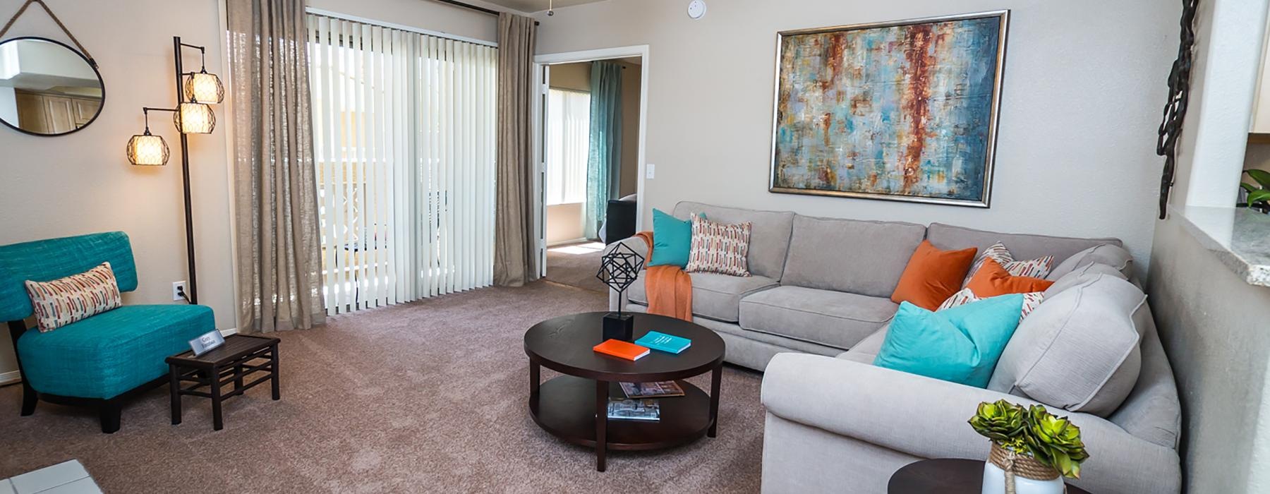 a living room with a couch and a coffee table