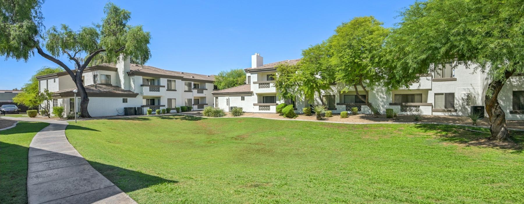 a large green lawn with trees and buildings in the background